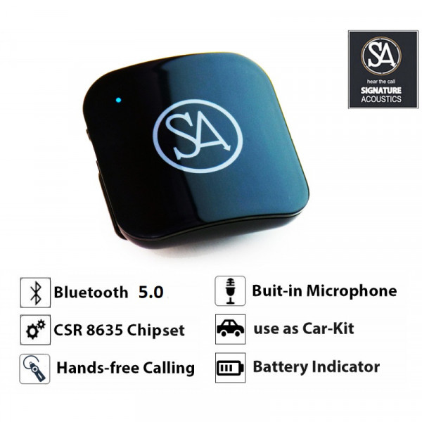 Signature Acoustics SPARROW Bluetooth 5.0 Audio Receiver with Microphone & Shirt Clip. 3.5 mm AUX Wireless Adapter