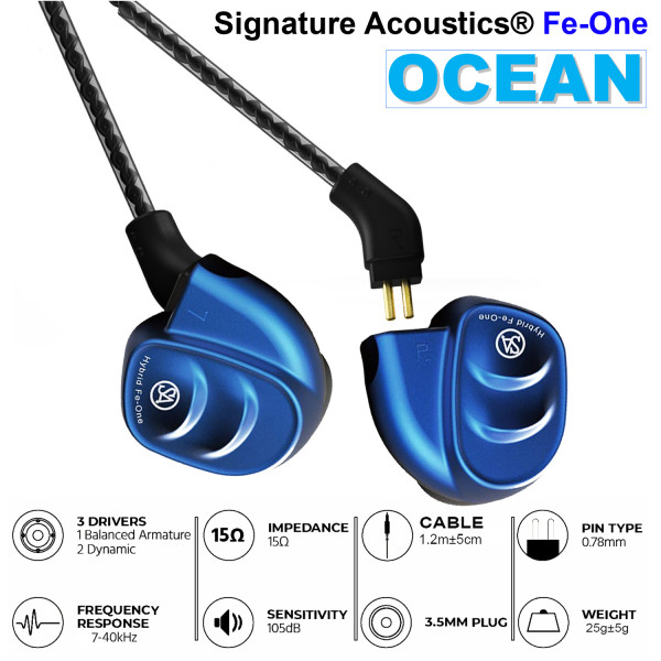Signature Acoustics OCEAN Triple-Driver Hybrid Modular Hi-Fi Audiophile Earphone 2 coaxial Dynamic Drivers + 1 Balanced Armature with Mic(Convertible to BT5.0)