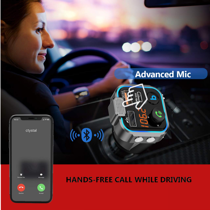 Trasmettitore FM Auto Bluetooth 5.0,Adattatore Audio Radio,QC3.0 Wireless  Kit MP3, Vivavoce 2 USB Car Charger,Supporto TF