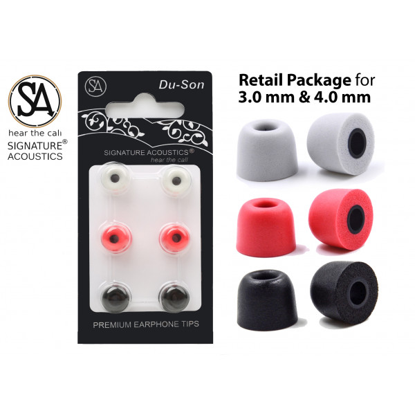 Signature Acoustics Du-Son T300 Premium Replacement Memory Foam Ear-bud Tips with superior noise isolation comply with 4.0mm earphone nozzle|6 pairs with custom storage case| Medium| Red, Black & Grey